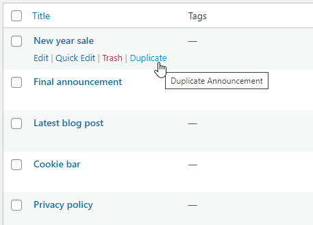 Duplicate Announcement option in the Announcement lists page