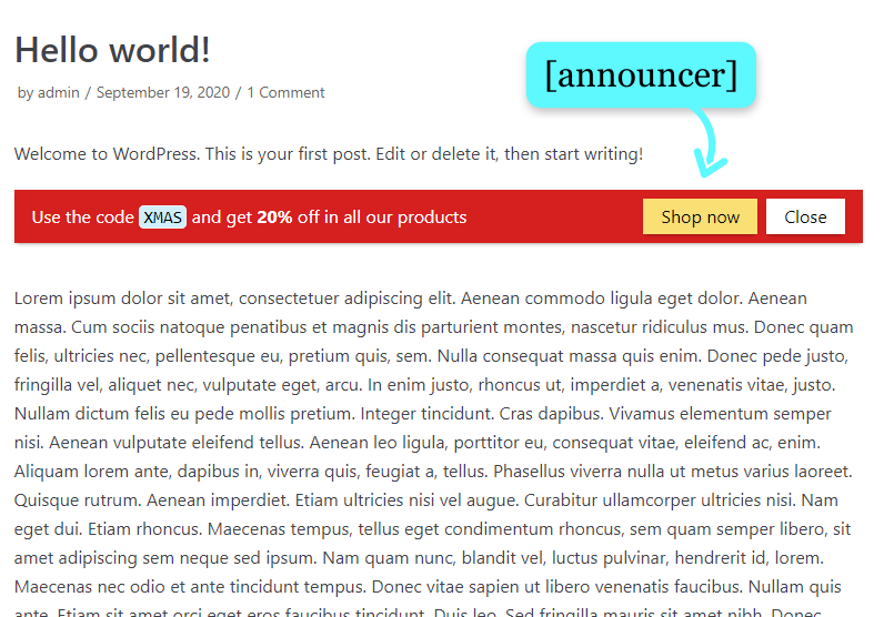 An announcement inserted inside a post using shortcode with Announcer WordPress plugin