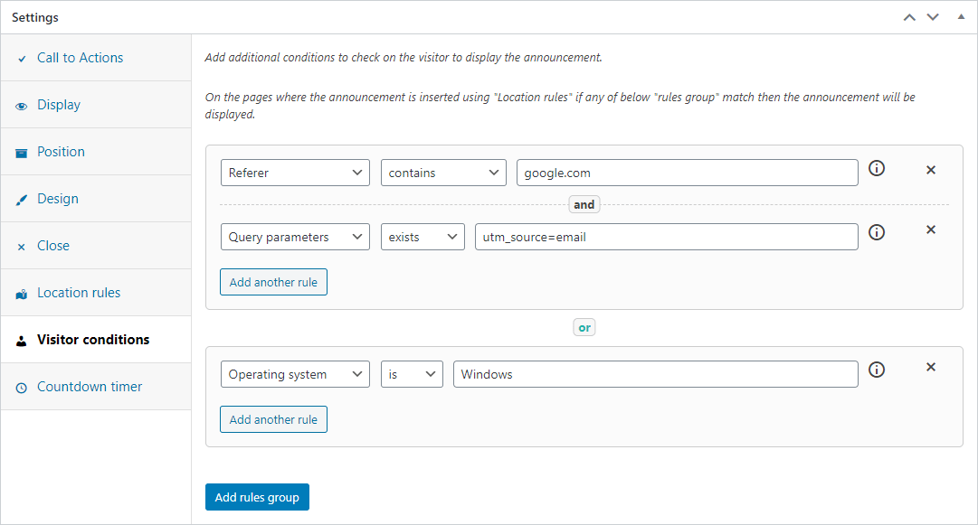 Visitor conditions feature in Announcer PRO