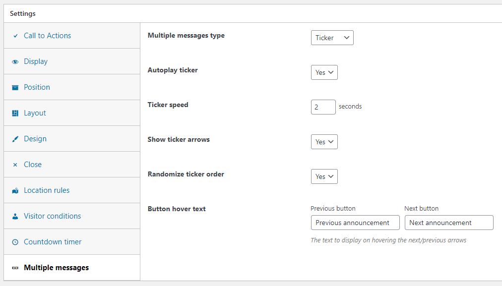 Admin settings of multiple messages feature in Announcer - PRO plugin