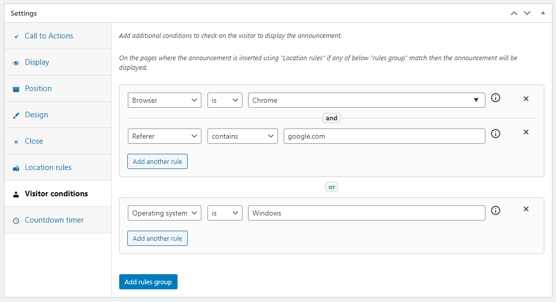 Visitor conditions settings in Announcer PRO WordPress plugin