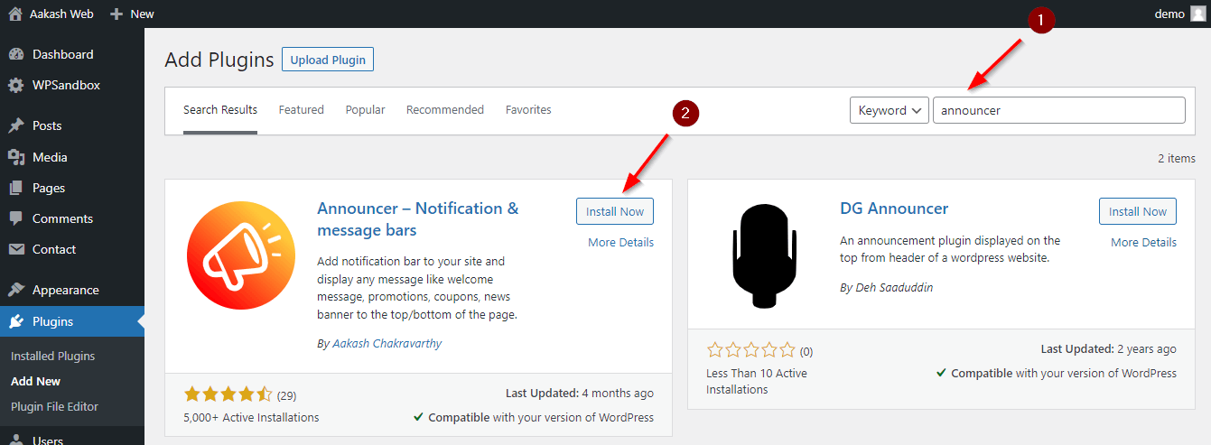 Installing the Announcer WordPress plugin