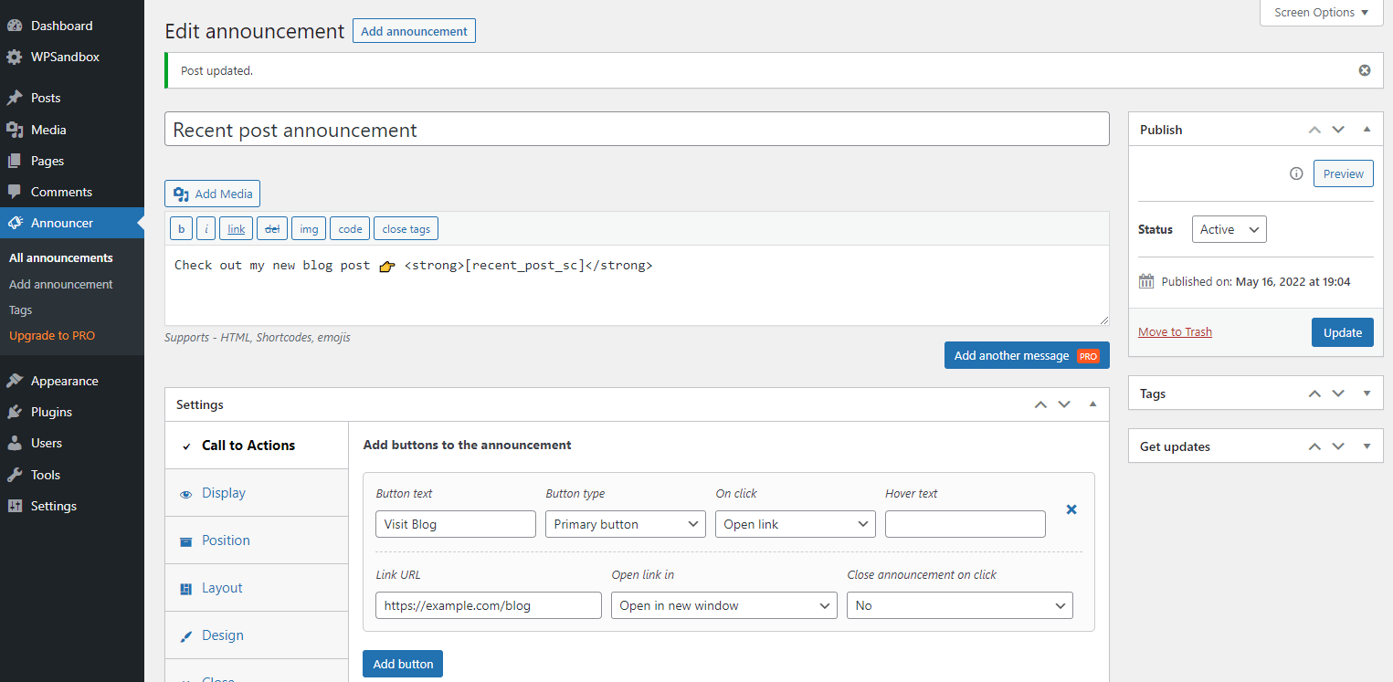 Creating an announcement in Announcer WordPress plugin