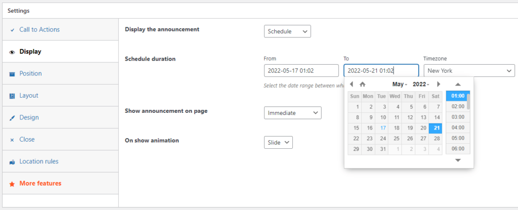 Scheduling announcements to show in a specific duration