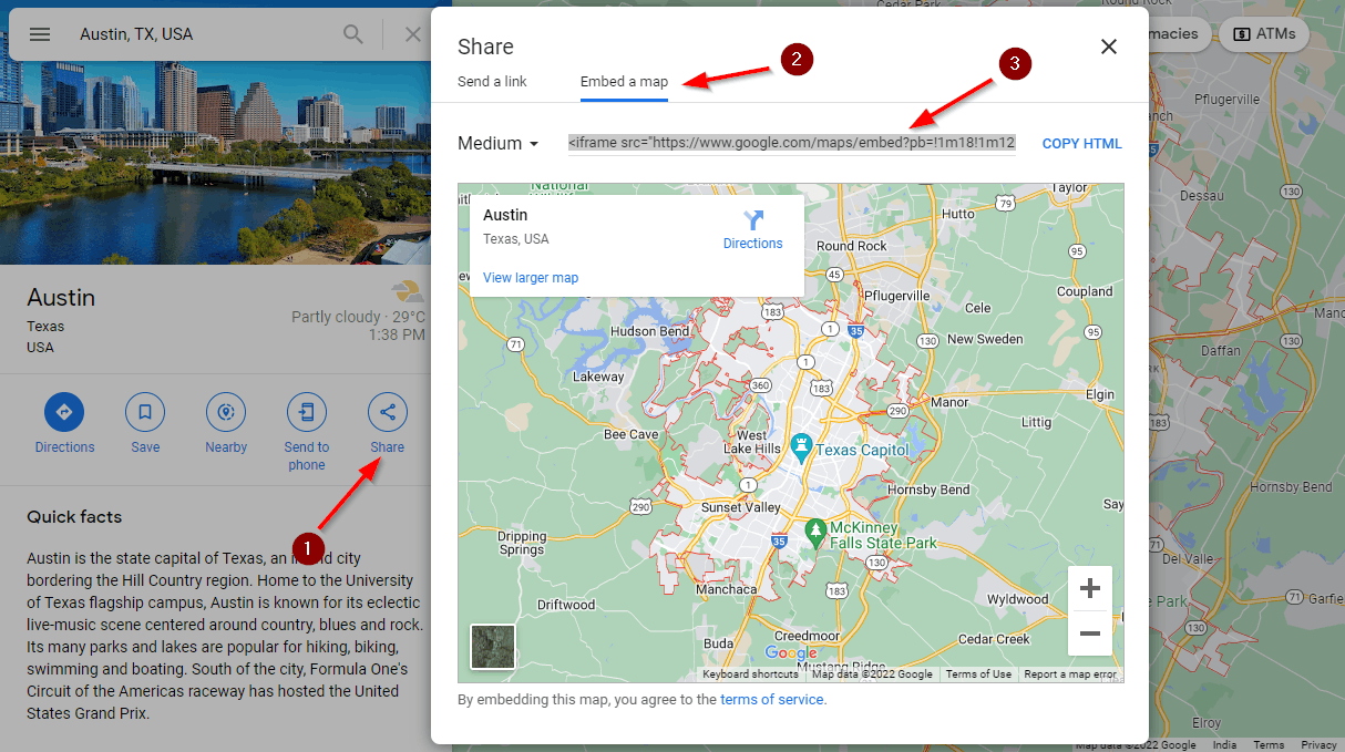Google maps embed share menu