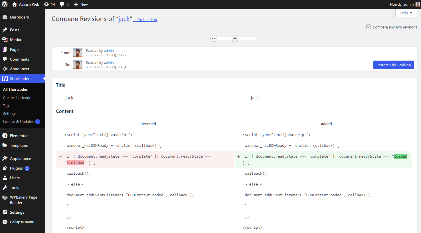 Viewing shortcode content revisions