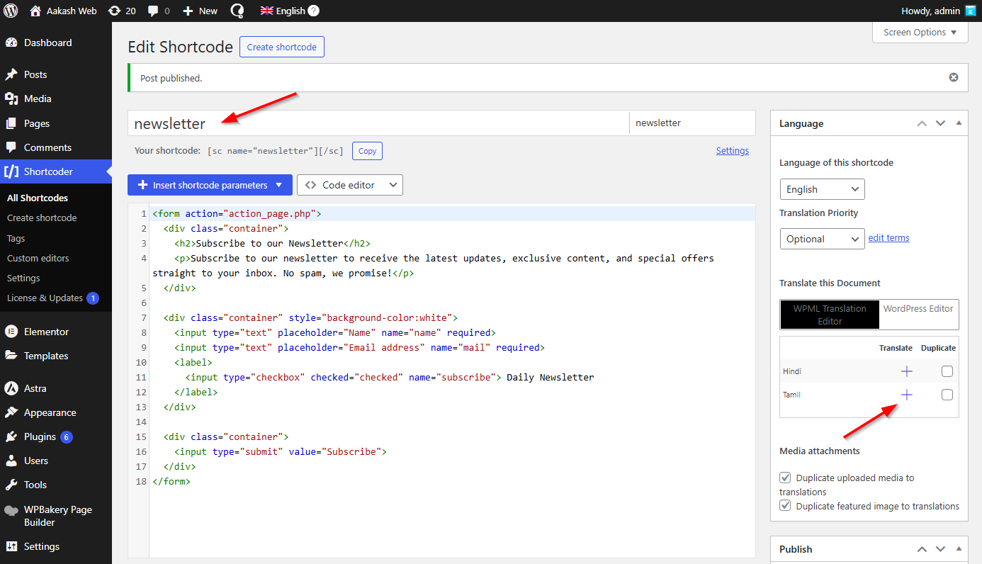 Screenshot showing the "+" icon for translation next to a shortcode