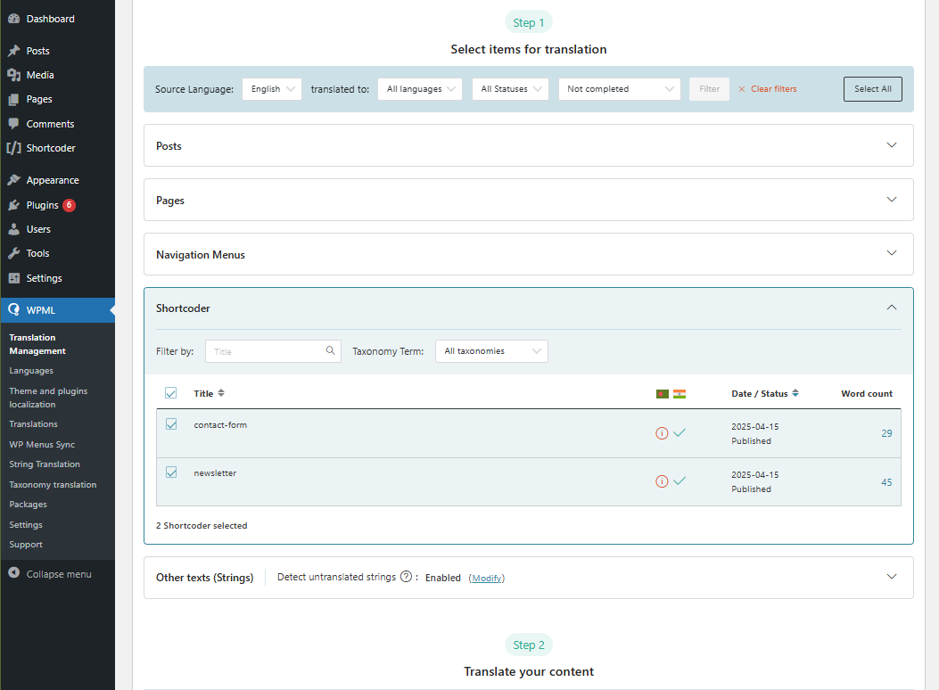 Screenshot showing the WPML translation management where shortcoder shortcodes are selected