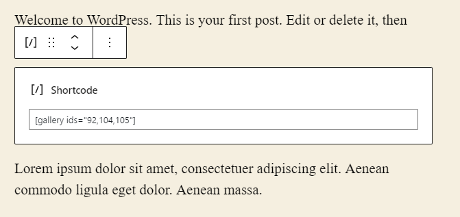 The gallery shortcode inserted inside a post in WordPress