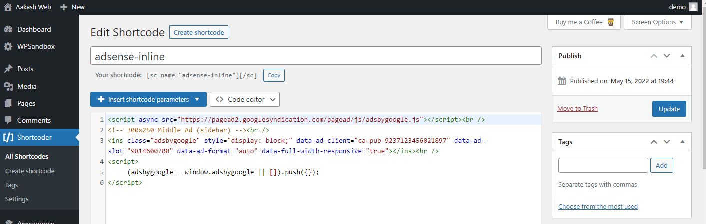 Creating the shortcode for Google adsense code