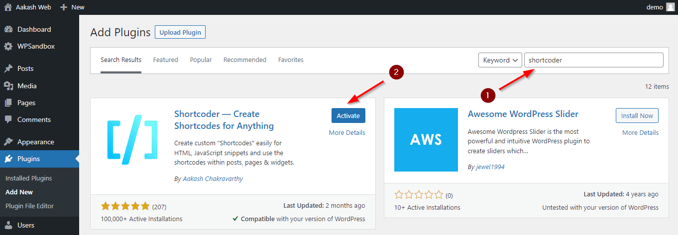 Installing Shortcoder plugin