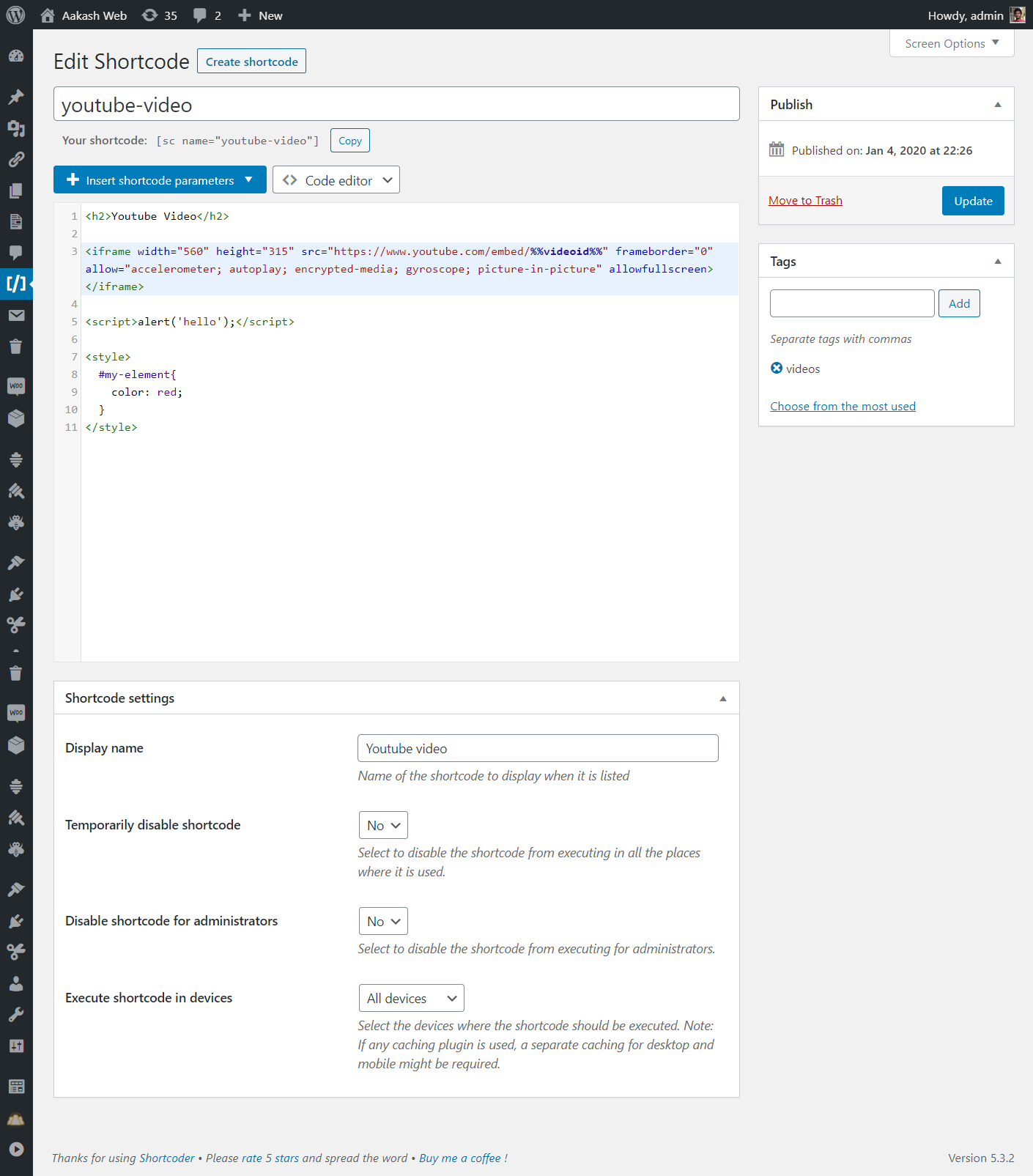 Editing a shortcode in the Shortcoder plugin