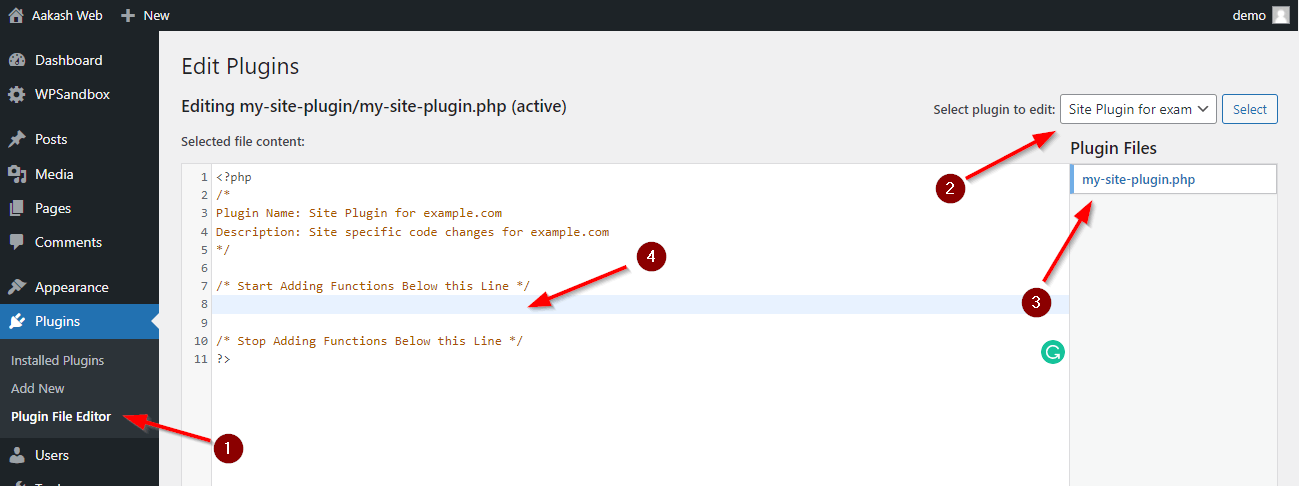 Adding custom PHP code to WordPress by editing the site-plugin we created