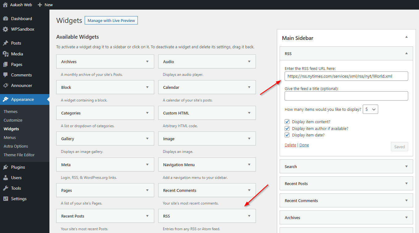 The default RSS feed widget in WordPress