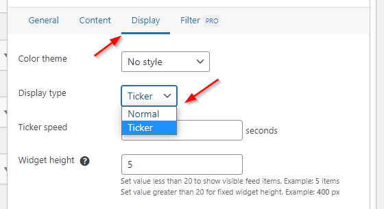 News ticker setting in Super RSS Reader WordPress plugin