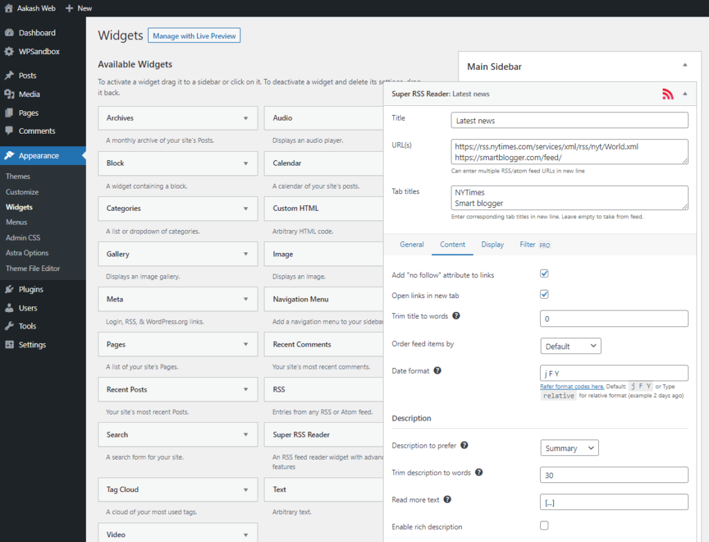 Super RSS Reader plugin widget settings form