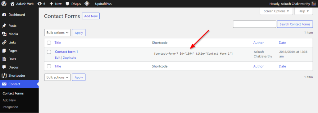 The shortcode of a form created using Contact form 7