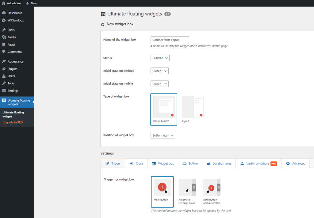 Widget box settings page in Ultimate floating widgets plugin