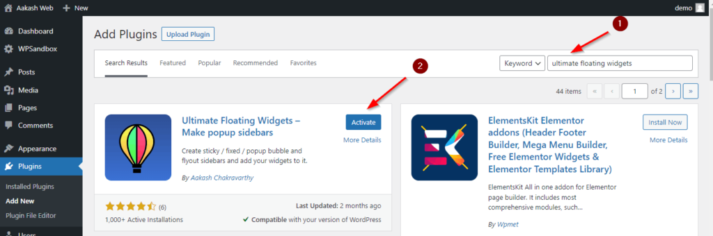 Installing and activating Ultimate floating widgets plugin